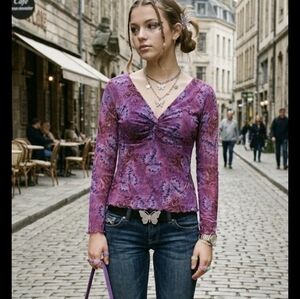 Vintage Y2K Twist Front Sheer Sleeve Lettuce Hem Top Fairy Core Whimsy Goth